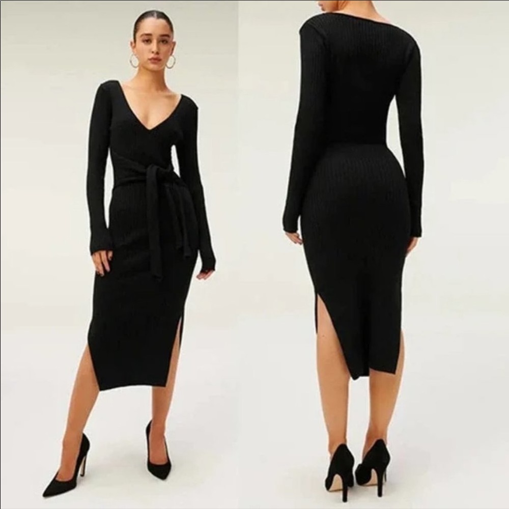 Good American Long Sleeve Belted Side Slit Bodycon Midi Dress Black Size 0